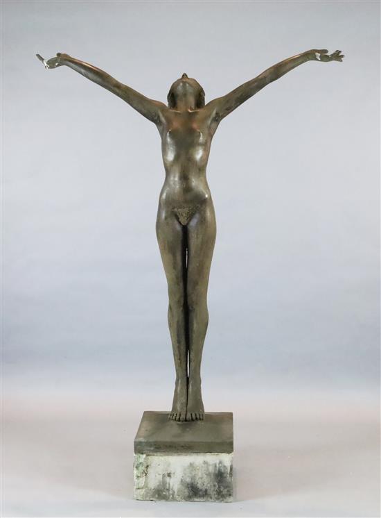Everard Meynell Welcome the New Year, life sculpture of a young girl with arms outstretched, standing upon a composition stone plinth